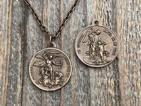 Bronze St Michael the Archangel & Guardian Angel Medal Pendant Necklace, Antique Replica, Two-Sided Protection Medal Pendant, Arcangel Michel