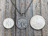 Sterling Silver Our Lady of the Pillar Medal Pendant Necklace, Antique Replica Medallion, Blessed Virgin Mary, Our Lady of the Pilar, Spain