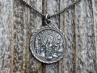 Sterling Silver Our Lady of the Pillar Medal Pendant Necklace, Antique Replica Medallion, Blessed Virgin Mary, Our Lady of the Pilar, Spain