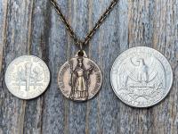 Bronze St Gertrude the Great Medal Pendant Necklace, Signed by French artists Karo & AP Penin, Gertrude Charm, Patron Saint of Cats Felines