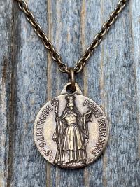 Bronze St Gertrude the Great Medal Pendant Necklace, Signed by French artists Karo & AP Penin, Gertrude Charm, Patron Saint of Cats Felines