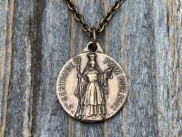 Bronze St Gertrude the Great Medal Pendant Necklace, Signed by French artists Karo & AP Penin, Gertrude Charm, Patron Saint of Cats Felines