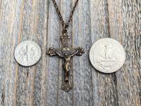 Bronze Sacred Heart of Jesus Crucifix, Pendant Necklace, Antique Replica, Large Bronze Crucifix Cross, Big Sacred Heart Jesus Medal Pendant