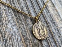 Antique Gold St Gertrude the Great Medal Pendant Charm Necklace, Signed by French artists Karo & AP Penin, Patron Saint of Cats Felines