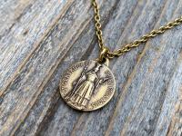 Antique Gold St Gertrude the Great Medal Pendant Charm Necklace, Signed by French artists Karo & AP Penin, Patron Saint of Cats Felines