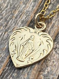 Shiny Gold Dainty Blessed Virgin Mary Heart Pendant Necklace, French 19th Century Antique Replica, Small Our Lady Medallion from France H3