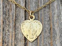 Shiny Gold Dainty Blessed Virgin Mary Heart Pendant Necklace, French 19th Century Antique Replica, Small Our Lady Medallion from France H3