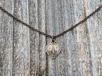 Bronze Small Blessed Virgin Mary Heart Pendant Necklace, French 19th Century Antique Replica, Dainty Our Lady Heart Medallion from France H3