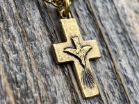 Antique Gold Small Descending Holy Spirit Cross Pendant Necklace, Antique Replica, Descending Dove, Holy Ghost Medal Veni Sancte Spiritus C1