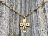 Antique Gold Small Descending Holy Spirit Cross Pendant Necklace, Antique Replica, Descending Dove, Holy Ghost Medal Veni Sancte Spiritus C1