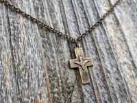 Bronze Small Descending Holy Spirit Cross Pendant Necklace, Antique Replica, Descending Dove, Holy Ghost Medallion, Veni Sancte Spiritus, C1