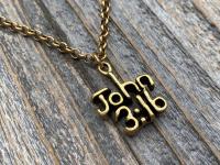 Antique Gold Plated John 3:16 Pendant Necklace, Antique Replica, John 3 16, For God so loved the World that He gave His One and Only Son