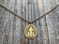 Antique Gold Plated Large French Miraculous Medal, Antique Replica, Pendant Necklace, Signed by artists PCH & JB, Miraculous from France MM1