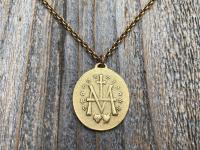 Antique Gold Plated Large French Miraculous Medal, Antique Replica, Pendant Necklace, Signed by artists PCH & JB, Miraculous from France MM1