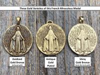 Antique Gold Plated Large French Miraculous Medal, Antique Replica, Pendant Necklace, Signed by artists PCH & JB, Miraculous from France MM1