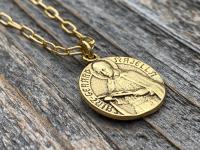 Antique Gold Plated St Gerard Majella Medal Pendant Necklace, French artist Charl, Antique Replica, Saint of Expectant Mothers, of Fertility