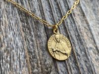 Antique Gold Plated St Gerard Majella Medal Pendant Necklace, French artist Charl, Antique Replica, Saint of Expectant Mothers, of Fertility