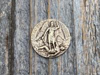 St Michael Medallion Pocket Token, Rare French & Latin Antique Replica, Artist L Tricard, Sterling Silver or Bronze, Archangel Michael Medal