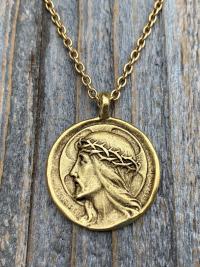 Antique Gold Plated Crowned Jesus Medal Pendant Necklace, Antique Replica, By French Artist Augis & Mazzoni, Rare Christ Pendant from France