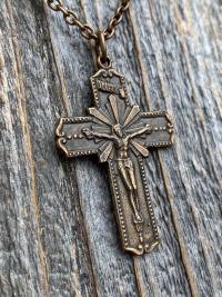 Bronze Radiant Crucifix, Pendant Necklace, Antique Replica, Large Bronze Crucifix Cross, Jesus Medal, Our Lord Jesus Christ Pendant Cross