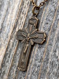 Bronze Radiant Crucifix, Pendant Necklace, Antique Replica, Large Bronze Crucifix Cross, Jesus Medal, Our Lord Jesus Christ Pendant Cross