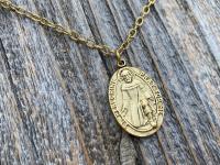 Antique Gold Plated St Peregrine Laziosi Medal Pendant Necklace, Antique Replica, Saint of Cancer, Saint Peregrinus Pellegrino, Pray for Me