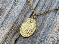 Antique Gold Plated St Peregrine Laziosi Medal Pendant Necklace, Antique Replica, Saint of Cancer, Saint Peregrinus Pellegrino, Pray for Me