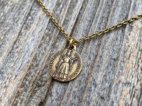 Antique Gold St Gertrude the Great Medal Pendant Charm Necklace, Signed by French artists Karo & AP Penin, Patron Saint of Cats Felines