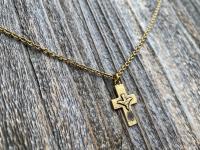 Antique Gold Small Descending Holy Spirit Cross Pendant Necklace, Antique Replica, Descending Dove, Holy Ghost Medal Veni Sancte Spiritus C1