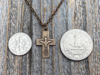 Bronze Small Descending Holy Spirit Cross Pendant Necklace, Antique Replica, Descending Dove, Holy Ghost Medallion, Veni Sancte Spiritus, C1