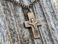 Bronze Small Descending Holy Spirit Cross Pendant Necklace, Antique Replica, Descending Dove, Holy Ghost Medallion, Veni Sancte Spiritus, C1