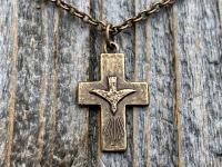 Bronze Small Descending Holy Spirit Cross Pendant Necklace, Antique Replica, Descending Dove, Holy Ghost Medallion, Veni Sancte Spiritus, C1