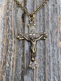 Antique Gold Sacred Heart of Jesus Crucifix, Pendant Necklace, Antique Replica, Large Gold Crucifix, Big Gold Sacred Heart Pendant Medallion