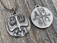 Large Sterling Silver 5 Way Medal Pendant Necklace, Antique Replica, Big 4 Way Medallion, from France by Artists JB and PCH, Descending Dove