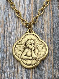 Antiqued Gold Plated Angel Medal Pendant Necklace, Antique Replica, Quatrefoil Shape, Reproduction of French Antique Medallion, Cherub Charm