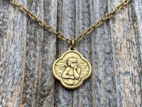 Antiqued Gold Plated Angel Medal Pendant Necklace, Antique Replica, Quatrefoil Shape, Reproduction of French Antique Medallion, Cherub Charm