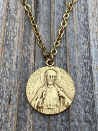 Antique Gold Plated Scapular Pendant Necklace, Antique Replica, Artist Tricard, French Medallion, Sacred Heart of Jesus, Our Lady Mt Carmel
