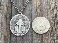 Silver Plated Large French Miraculous Medal, Antique Replica, Pendant Necklace, By artists PCH & JB, Miraculous Medallion from France MM1