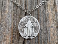 Silver Plated Large French Miraculous Medal, Antique Replica, Pendant Necklace, By artists PCH & JB, Miraculous Medallion from France MM1