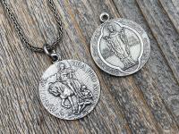 Sterling Silver Latin St Martin of Tours Medal Pendant Necklace, Antique Replica, Sanctus Martinus Turonensis Bishop of Tours, by Penin Lyon