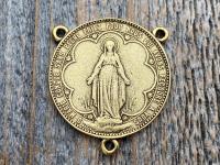 Antiqued Gold Large Miraculous Medal Rosary Center and/or Crucifix, French Antique Replicas, Rare Oversized Rosary Parts, 1.25 inch Center