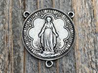 Antiqued Pewter Large Miraculous Medal Rosary Center and/or Crucifix, French Antique Replicas, Rare Oversized Rosary Parts, 1.25 inch Center