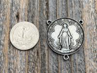 Antiqued Pewter Large Miraculous Medal Rosary Center and/or Crucifix, French Antique Replicas, Rare Oversized Rosary Parts, 1.25 inch Center