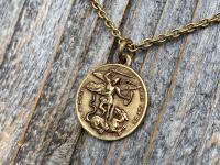 Antique Gold St Michael the Archangel & Guardian Angel Medal Pendant Necklace, Antique Replica, Two-Sided Protection Medallion
