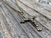 Antique Gold Sacred Heart of Jesus Crucifix, Pendant Necklace, Antique Replica, Large Gold Crucifix, Big Gold Sacred Heart Pendant Medallion