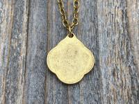 Antiqued Gold Plated Angel Medal Pendant Necklace, Antique Replica, Quatrefoil Shape, Reproduction of French Antique Medallion, Cherub Charm