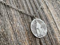 Silver Plated Large French Miraculous Medal, Antique Replica, Pendant Necklace, By artists PCH & JB, Miraculous Medallion from France MM1