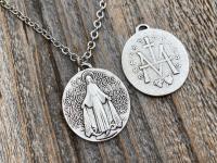 Silver Plated Large French Miraculous Medal, Antique Replica, Pendant Necklace, By artists PCH & JB, Miraculous Medallion from France MM1