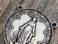 Antiqued Pewter Large Miraculous Medal Rosary Center and/or Crucifix, French Antique Replicas, Rare Oversized Rosary Parts, 1.25 inch Center