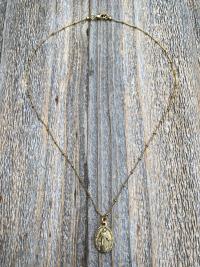 Antiqued Gold Miraculous Medal Pendant on Satellite Chain Necklace, French Antique Replica Medallion, Signed by French Artist Ferdinand PY